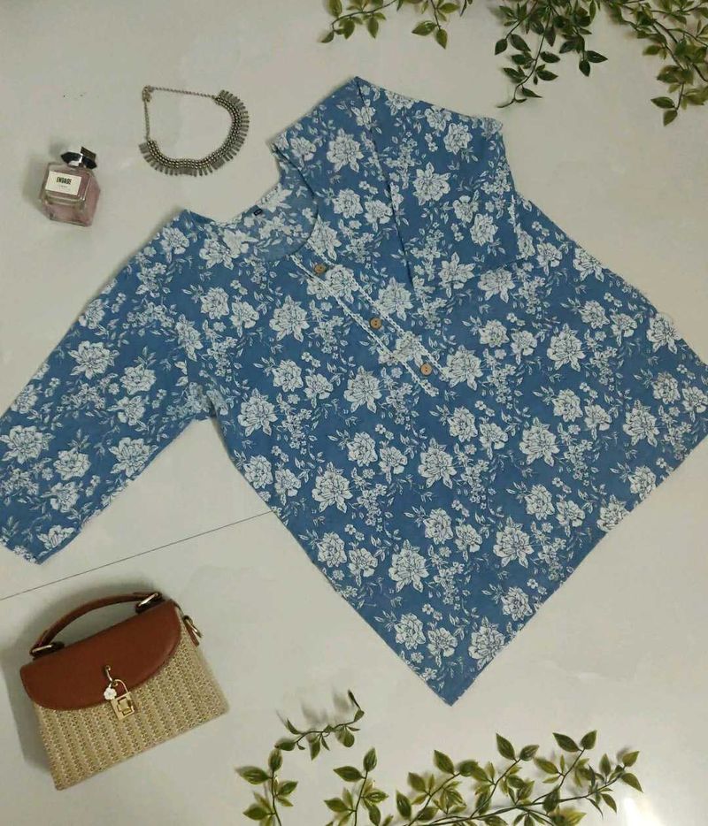 Floral Print Blue Cotton Kurta🤍🌼💙