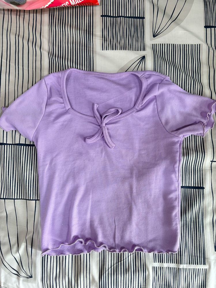 Cute Lavender Tie Front Lettuce Hem Top