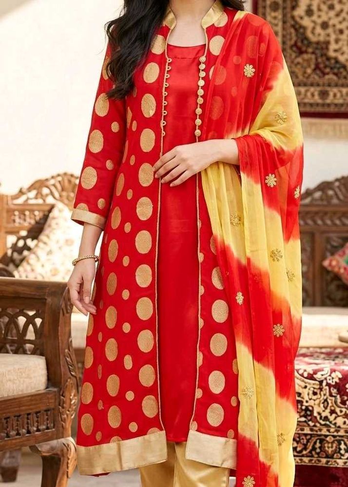 Red &amp; Gold Polka Dot Kurta Set with Dupatta