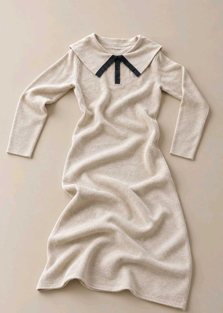 CREAM COLLARED LONG-SLEEVE MIDI DRESS