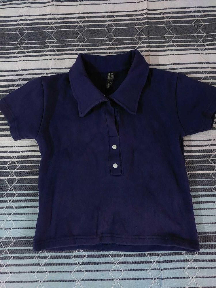 Crop Navy Blue Polo T-Shirt