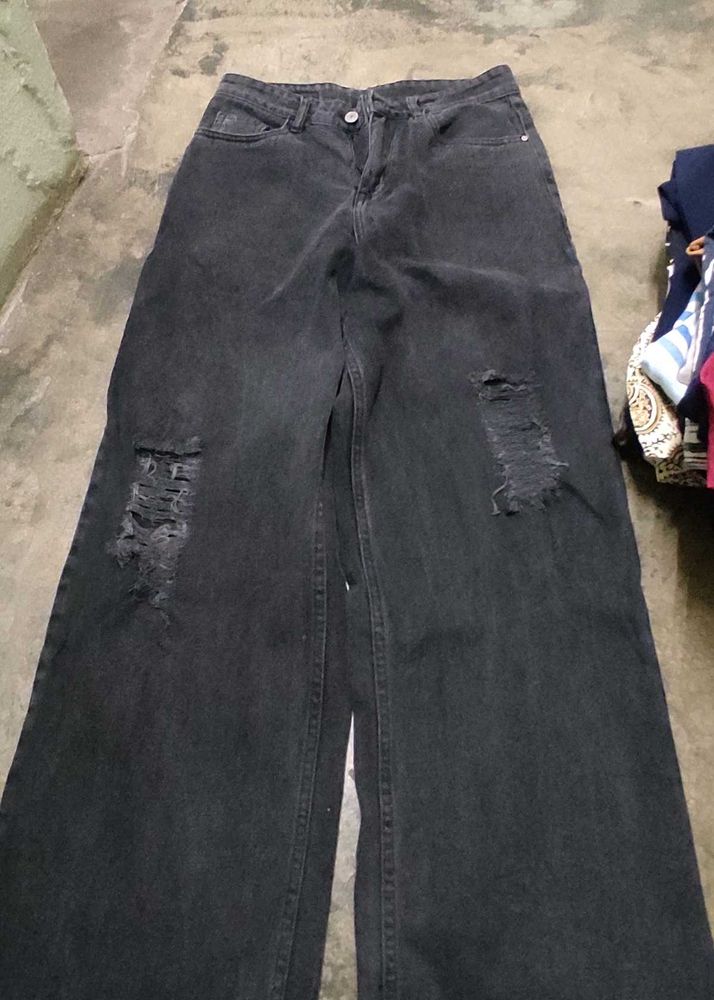 Black Distressed Wide Leg Jeans