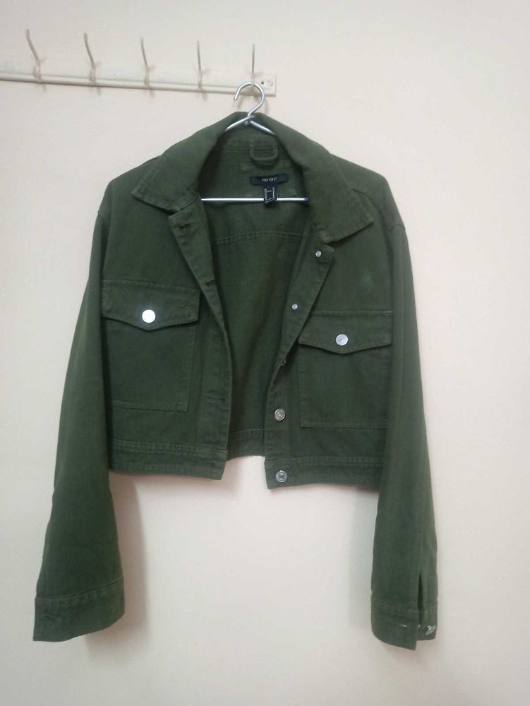 Women's Green Cropped Denim Jacket