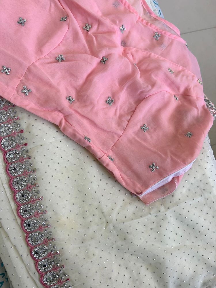 Elegant Pink &amp; Cream Embellished saree with blouse