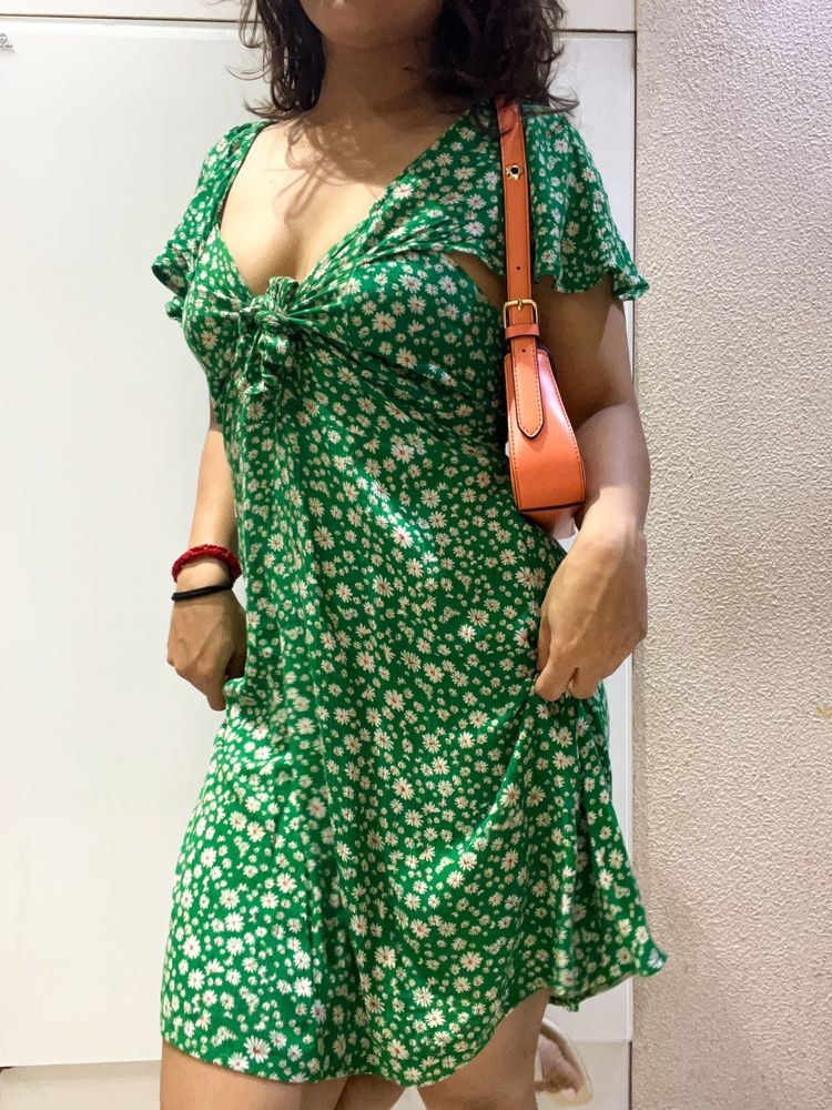 Green Floral Print Mini Dress