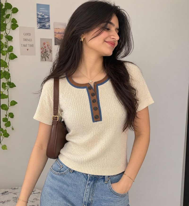 Cream Ribbed Knit Top for Women