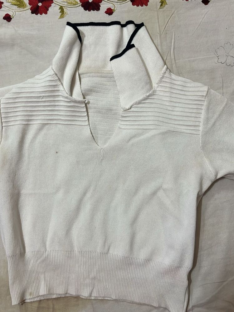 White Knit Top with Collar