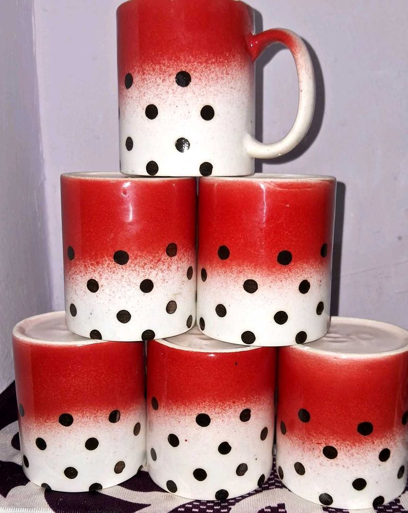 Set of 6 Red Polka Dot Mugs