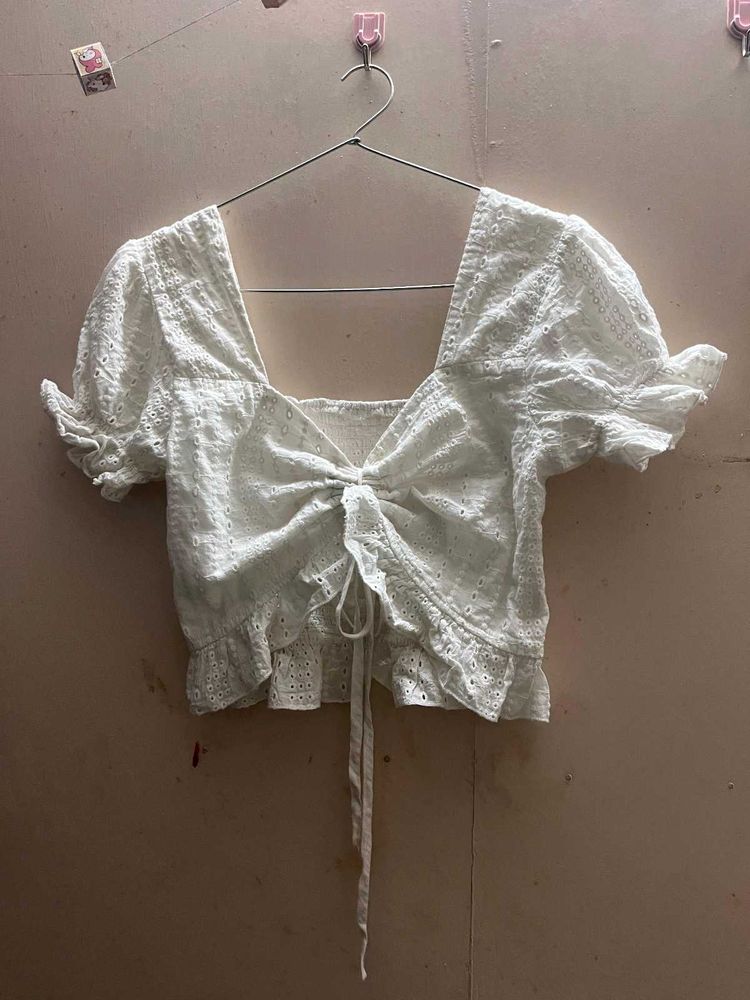 White Eyelet Tie-Front Crop Top/Saree Blouse