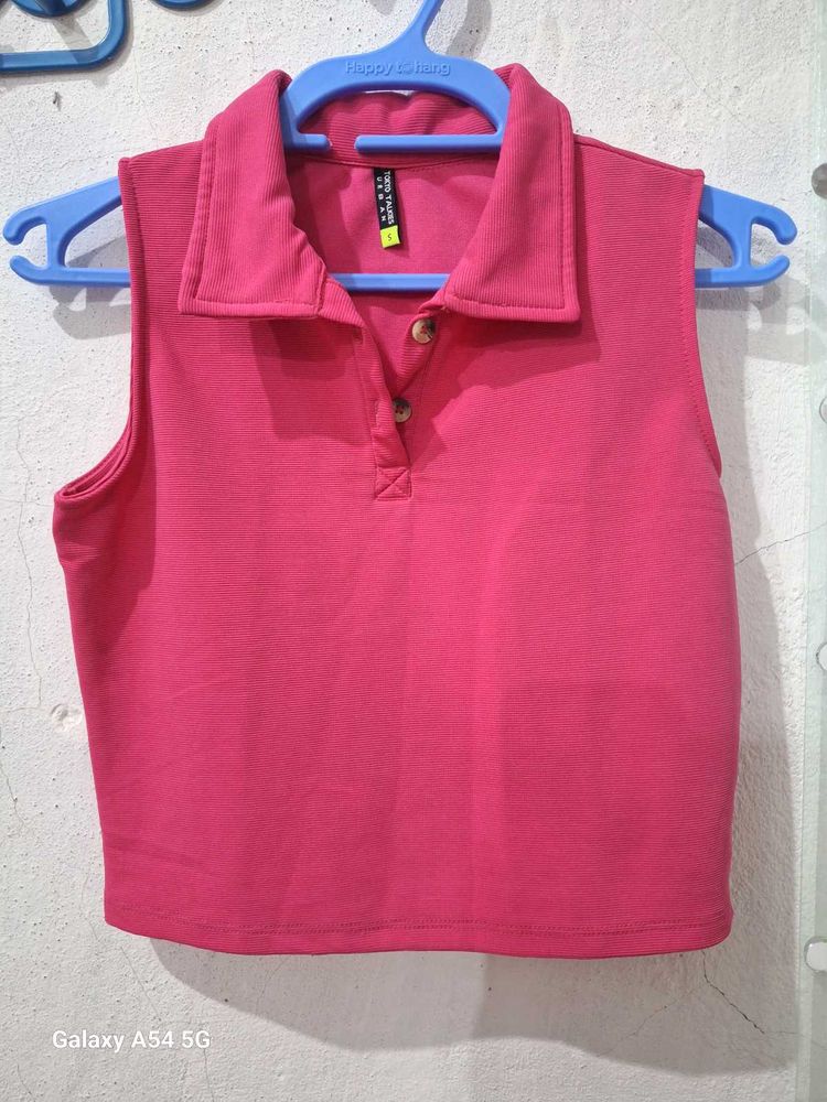 Tokyo Talkies Women Pink Sleeveless Polo Collar Cr
