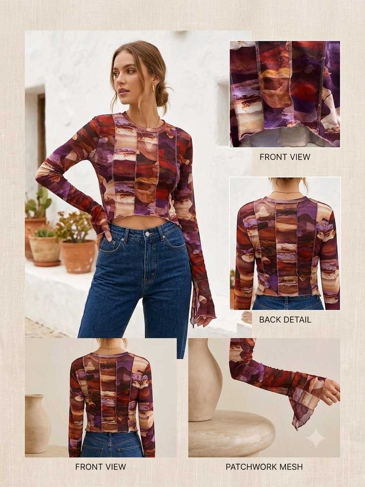 Sheer Patchwork Mesh Long Sleeve Top