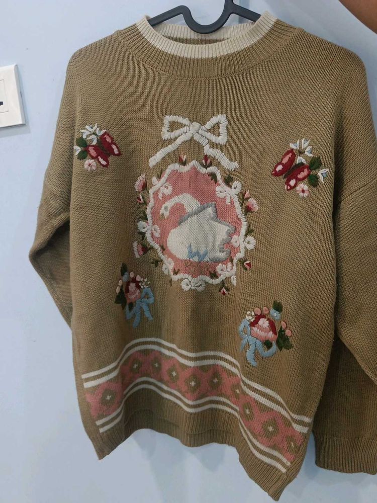 Floral Embroidered Knit Sweater