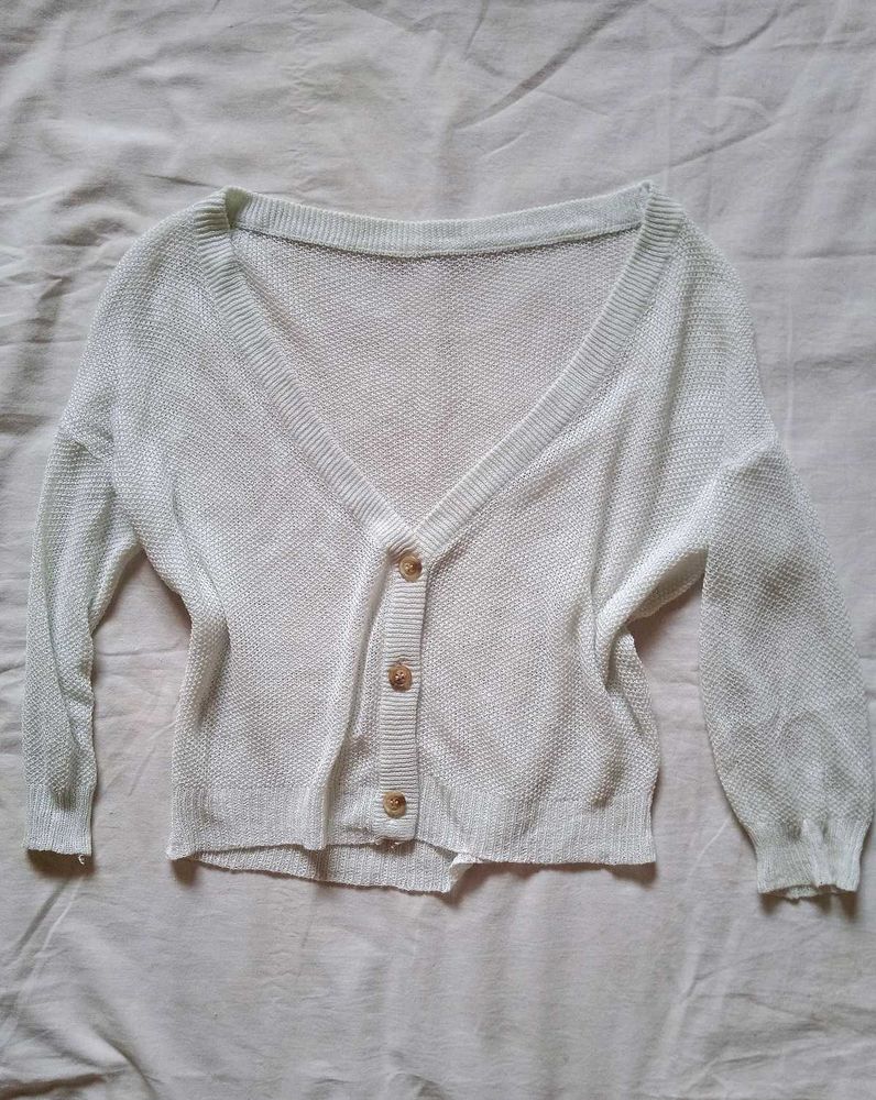 White Knit Button-Up Cardigan