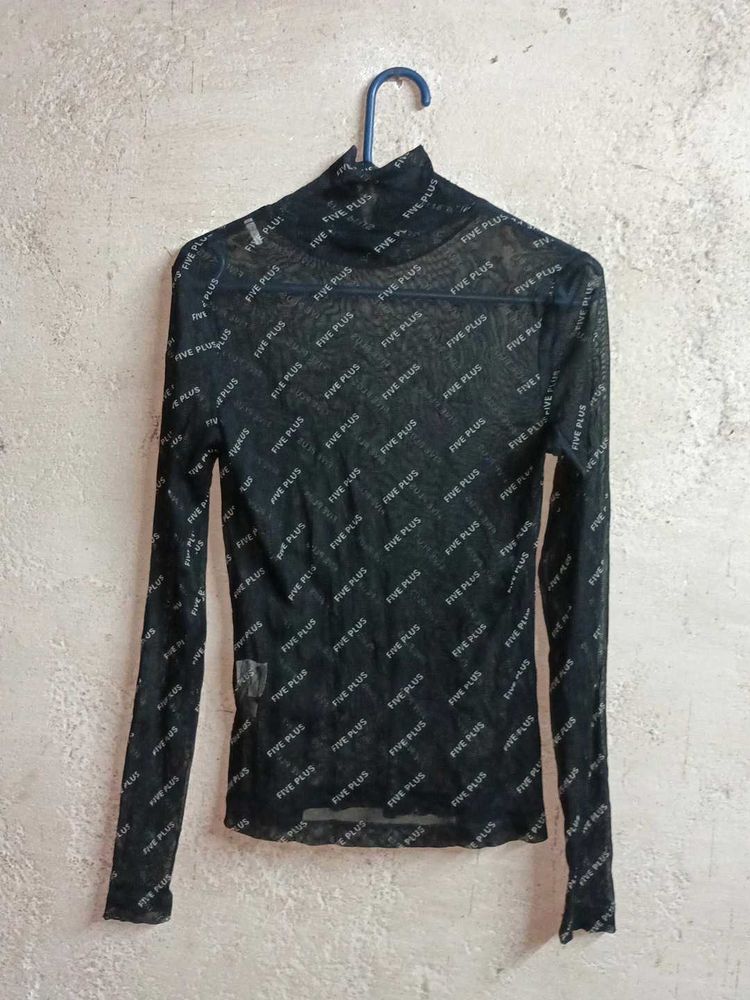 Sheer Turtleneck Top with All-Over Logo Print