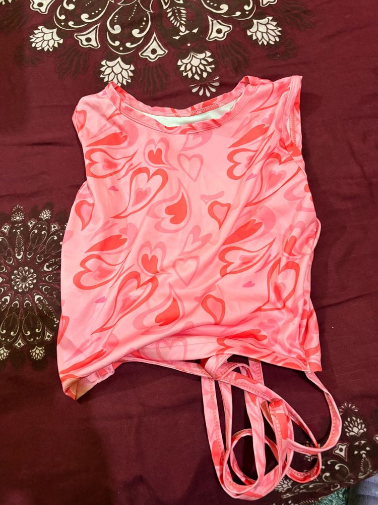Pink Heart Print Tie-Back Crop Top