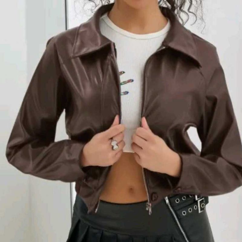 Brown Faux Leather Cropped Jacket