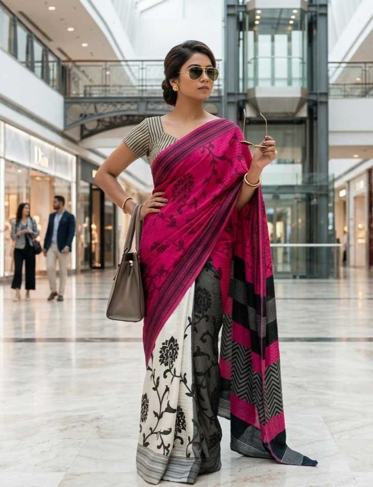 Vibrant Pink Black Saree