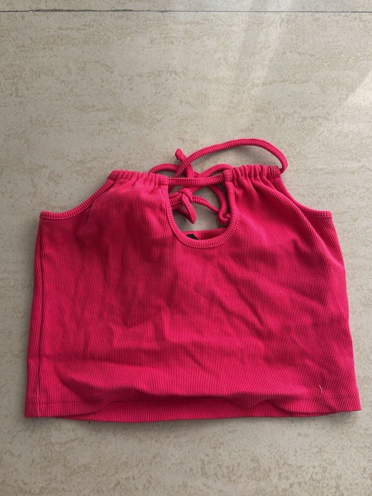 Hot Pink Ribbed Halter Crop Top