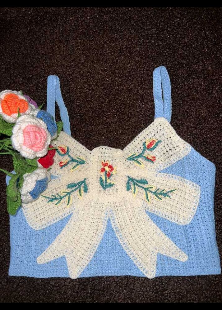 Handmade Crocheted Blue Bow Top