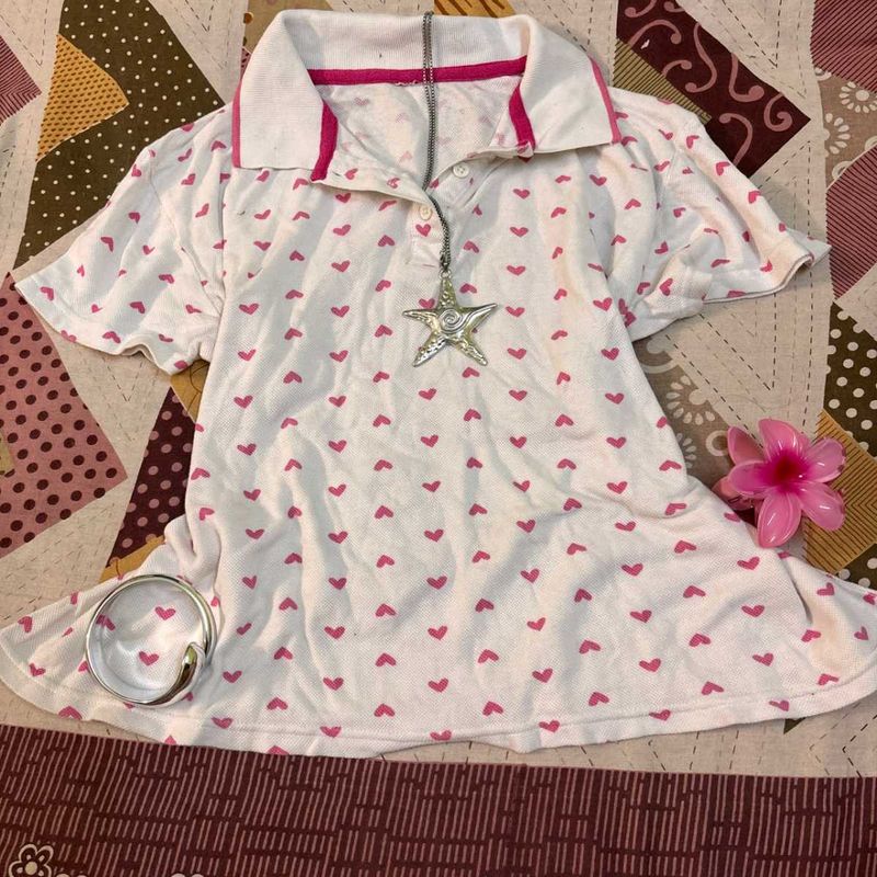 Oversized Cute Pink Heart Polo T-Shirt