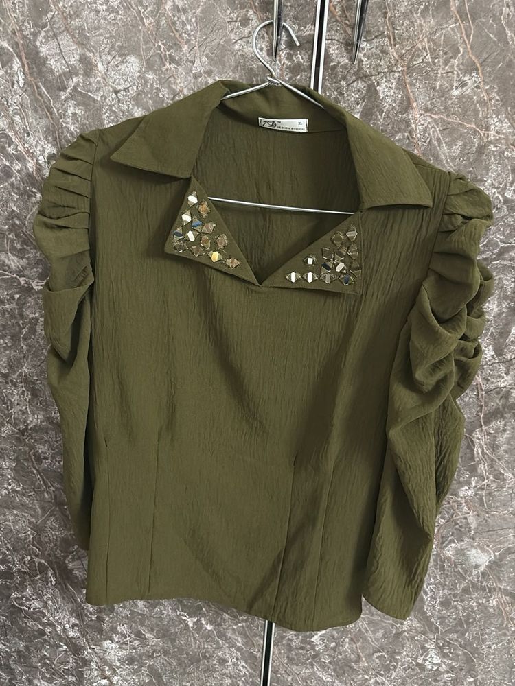 Stylish Embellished Collared Top