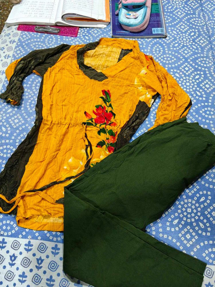 Yellow Printed Kurta 34-36 with Green Pants