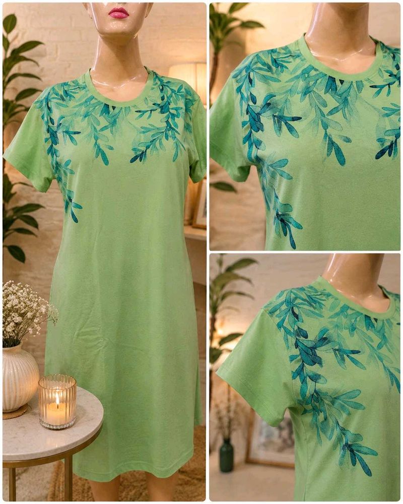 Light Green T-Shirt Dress with Leaf Print