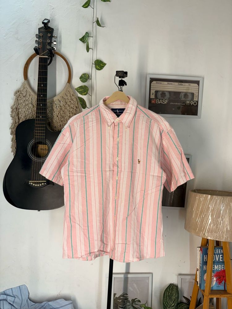 Ralph Lauren Men's Pink Striped Short Sleeve Shirt