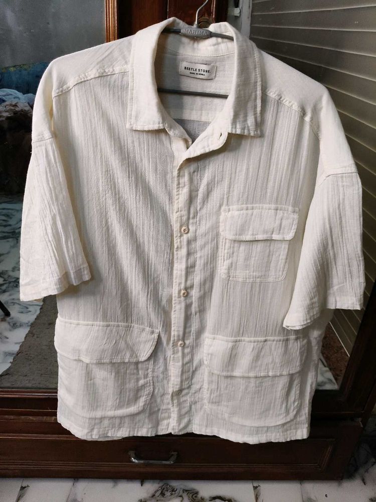 Men's Cream Textured Short Sleeve Shirt