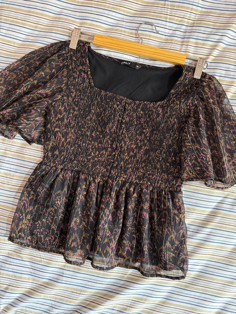 ONLY Printed Smocked Peplum Top