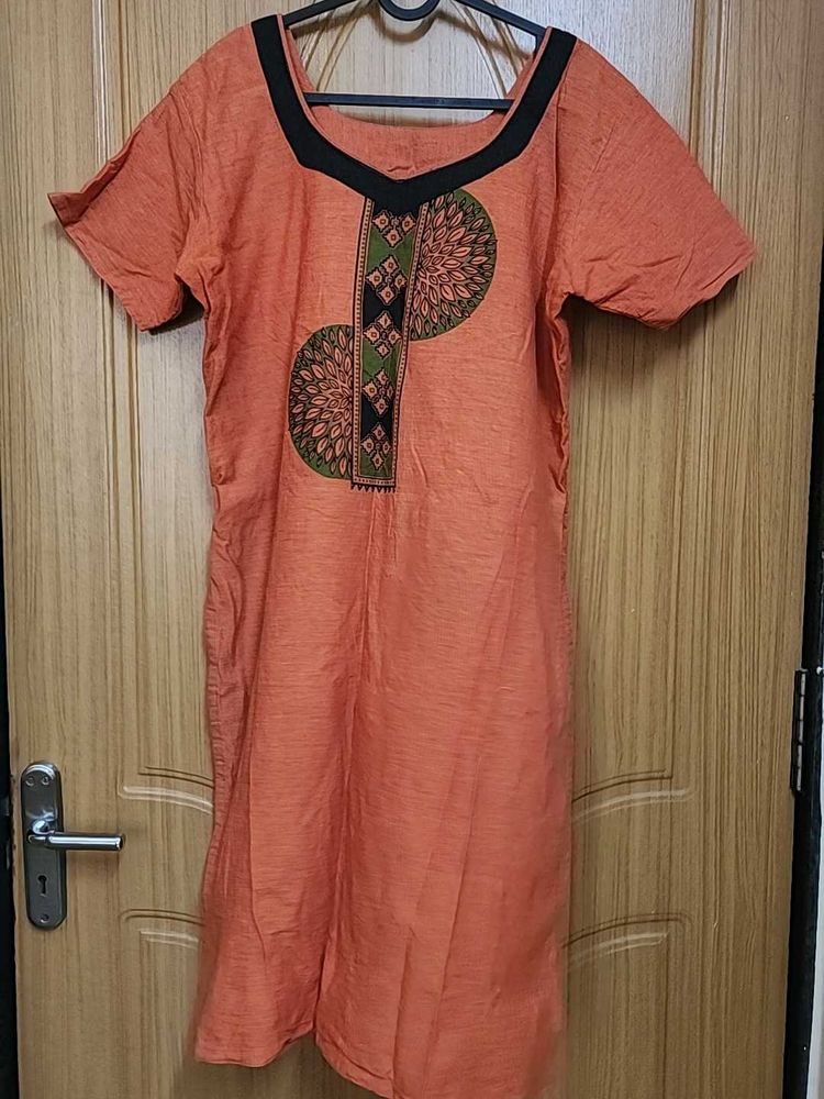 Orange Cotton Kurti With Print