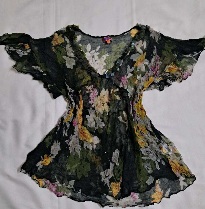 Y2k Vintage Forest Fairy Floral Print Sheer Top