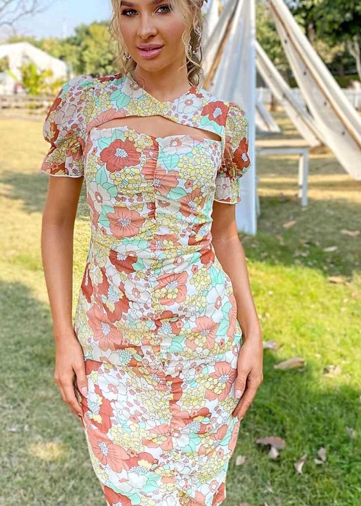 Floral Print Cut-Out Ruched Dress