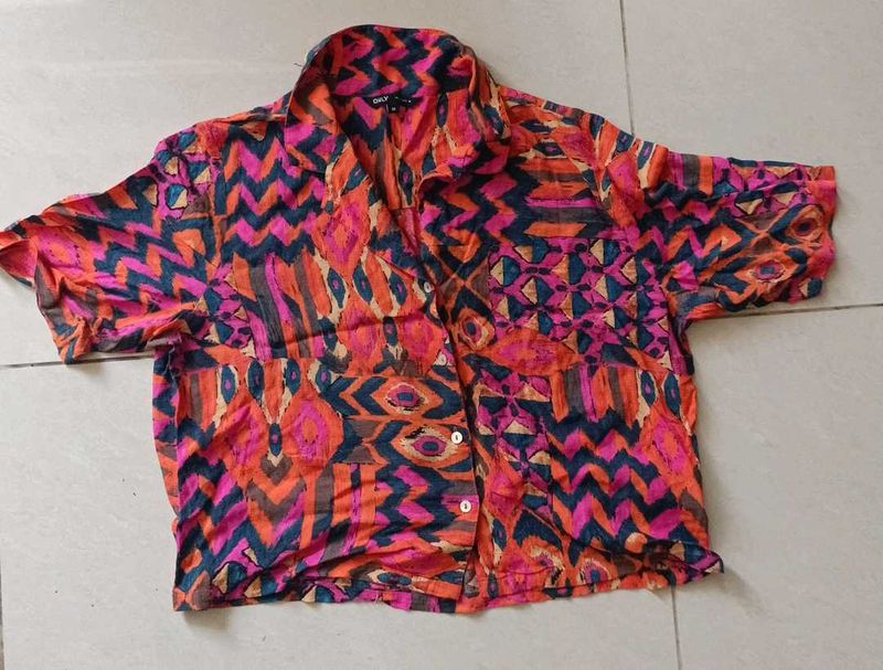 Brand "ONLY" Retro Abstract Print Button-Up Shirt
