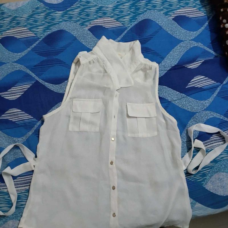 Transparent White Fitted Shirt with Tie