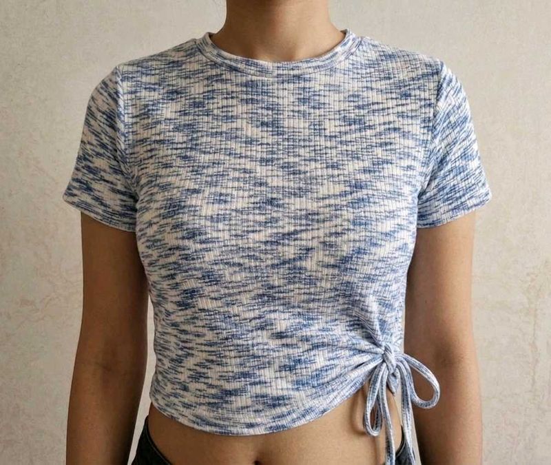 Blue &amp; White Textured Crop Top