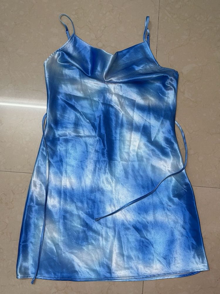 Blue Tie-Dye Satin Slip Dress