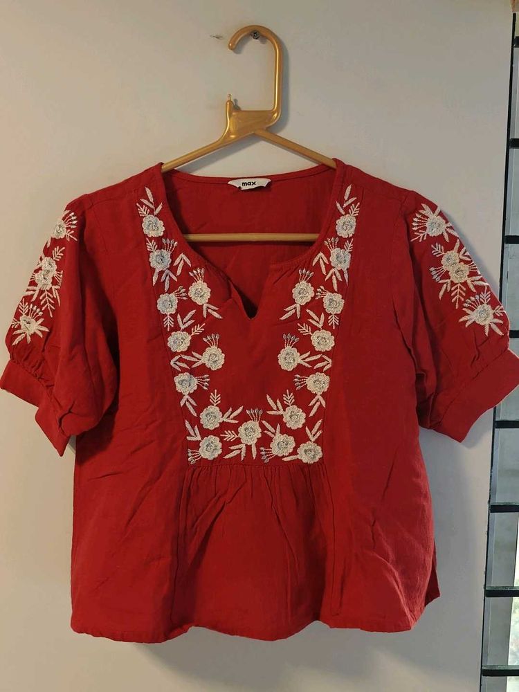 Red Embroidered Peasant Top