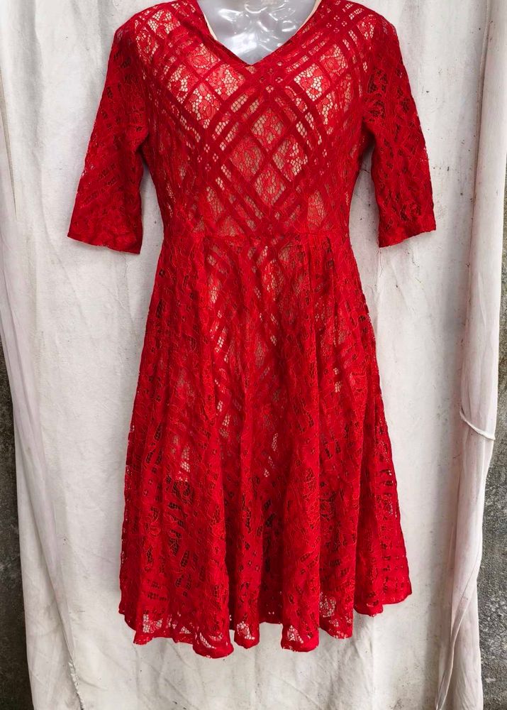 7238. Red Lace Fit and Flare Dress