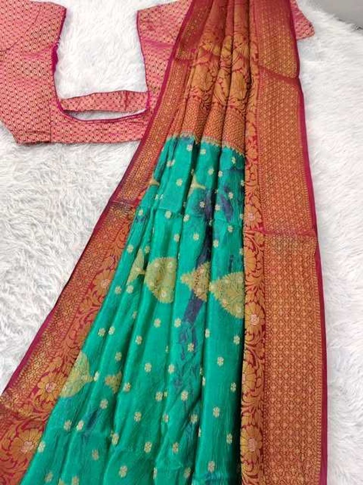 Elegant Teal &amp; Red Banarasi Silk Saree