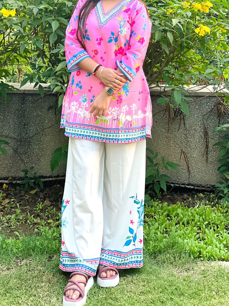 Pink Floral Kurta with White Palazzo Set
