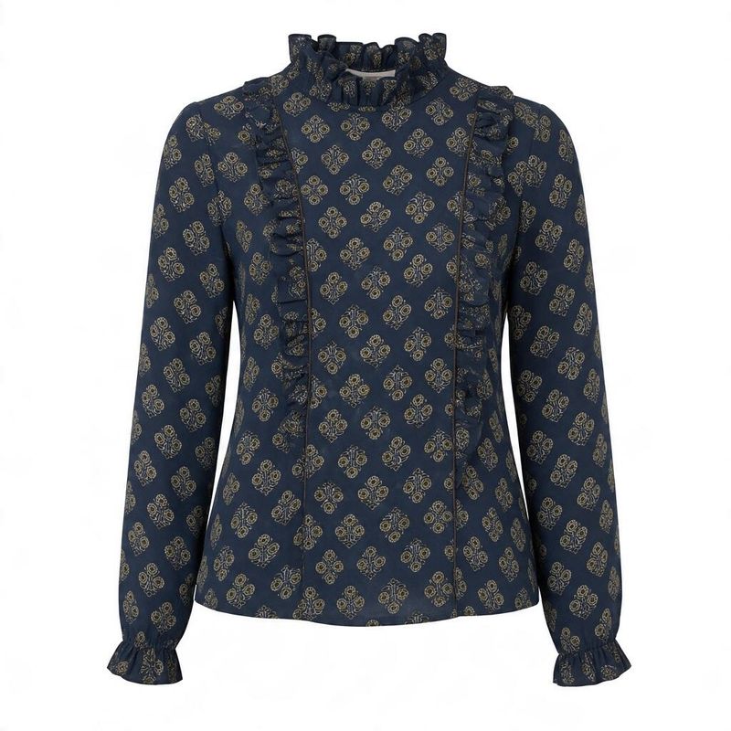 Ruffle Neck Printed Long Sleeve Blouse