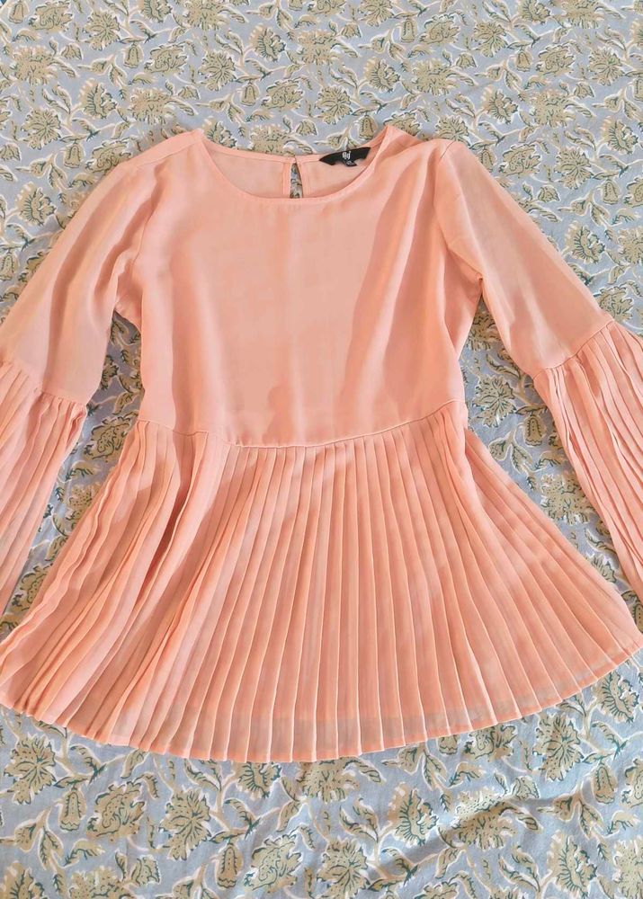 Pleated Peach Bell Sleeve Top