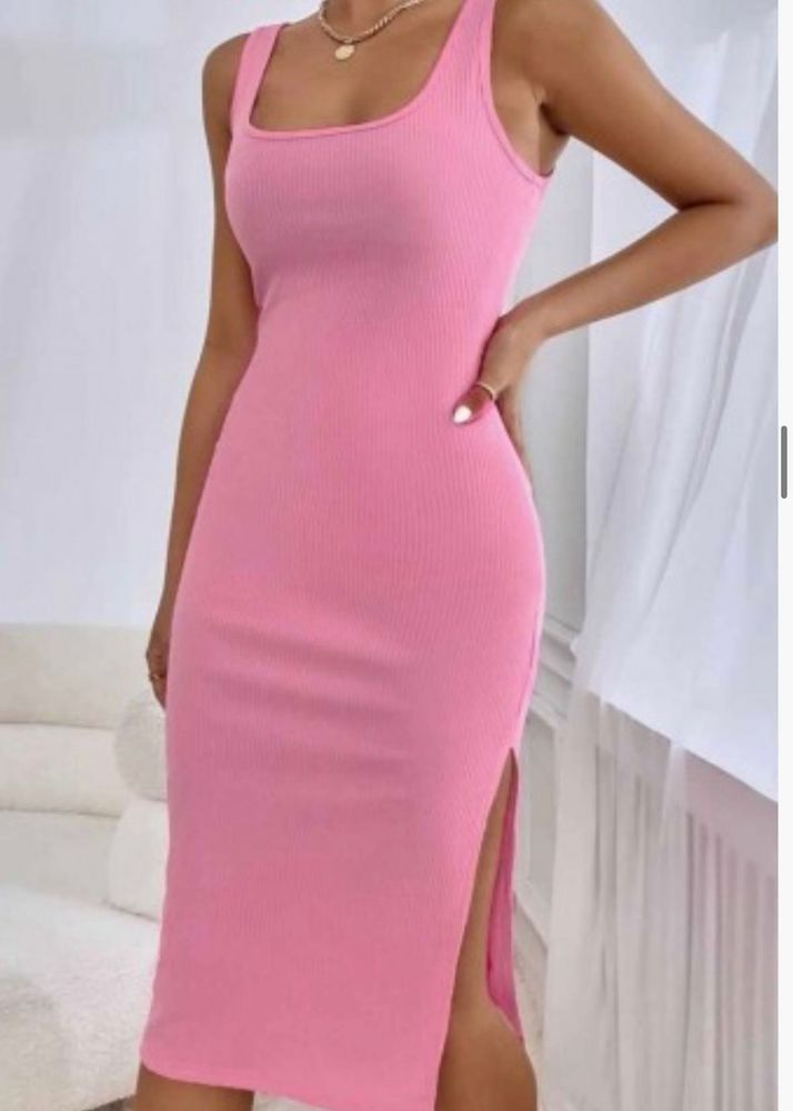 Pink Ribbed Midi Dress with Side Slit