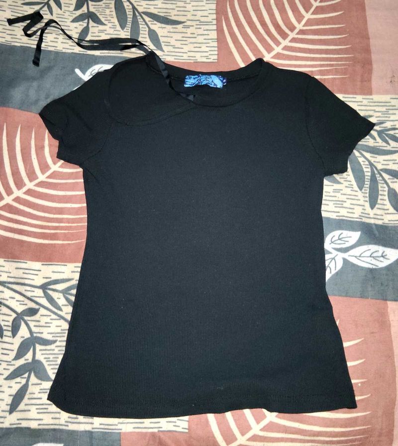Black Ribbed T-Shirt with Tie Detail
