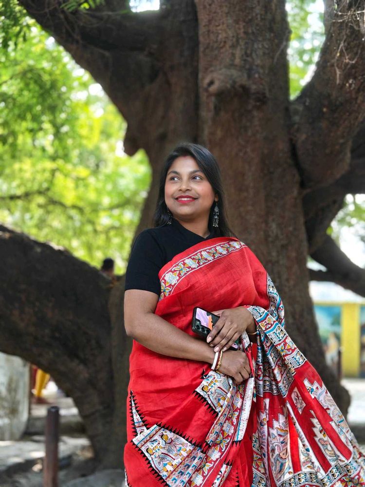 pure silk Elegant Red madhubani Printed Saree