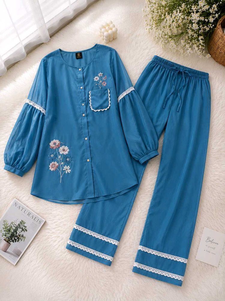 Blue Floral Embroidered co-ord Set for women