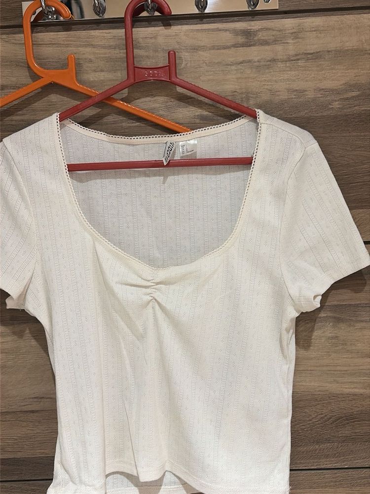 Cream Ribbed Square Neck Top