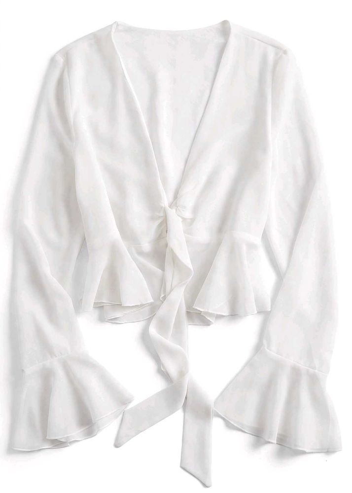 Chic White Tie-Front Ruffle Sleeve Top