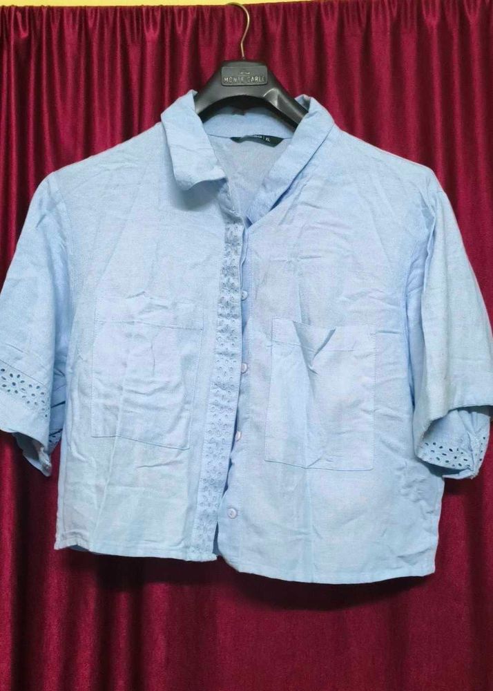 Blue Cropped Embroidered Shirt